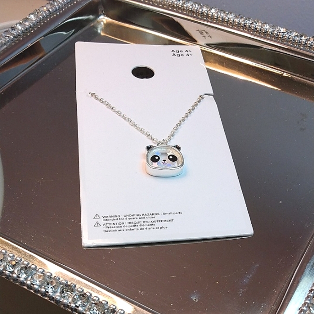 Cute silver tone, Panda Pendant Necklace with iridescent stars inside. NWT